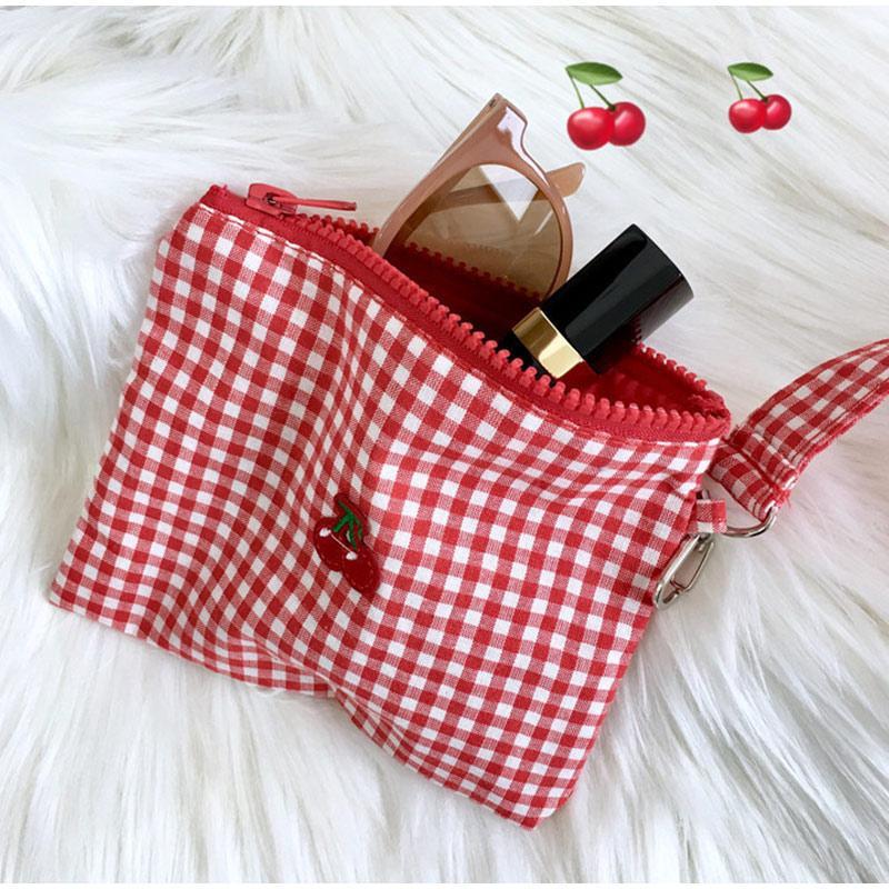 

Cherry Red Plaid Cotton Fabric String Handbag Women Girls Sweet Zipper Shoulder Bags Card Holder mini Make up bag case1, Multiple cherries