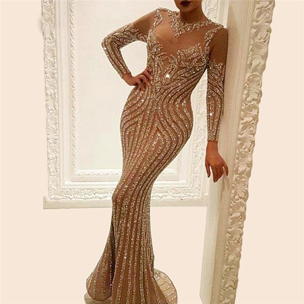 Silver Sexy V-Neck Mermaid Prom Dresses 2020 Long Sleeves African Formal Evening Gowns sequined Graduation Party Dresses Occasion gown-image-748198643