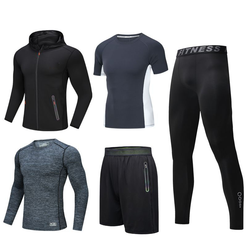 

2021 Sports suit men's outdoor short-sleeved trousers quick-drying running suit gym thin coat basketball five-piece suit, Two gray and three black