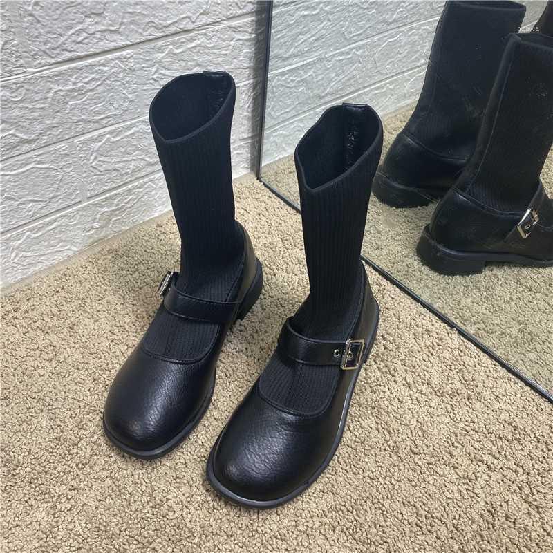 

DEAT 2020 New Spring Autumn Fashion Casual Thick Heel Knitted Socks Leather Belt Buckle Mid-leg Elastic Thin Boots Women SF1871, Black