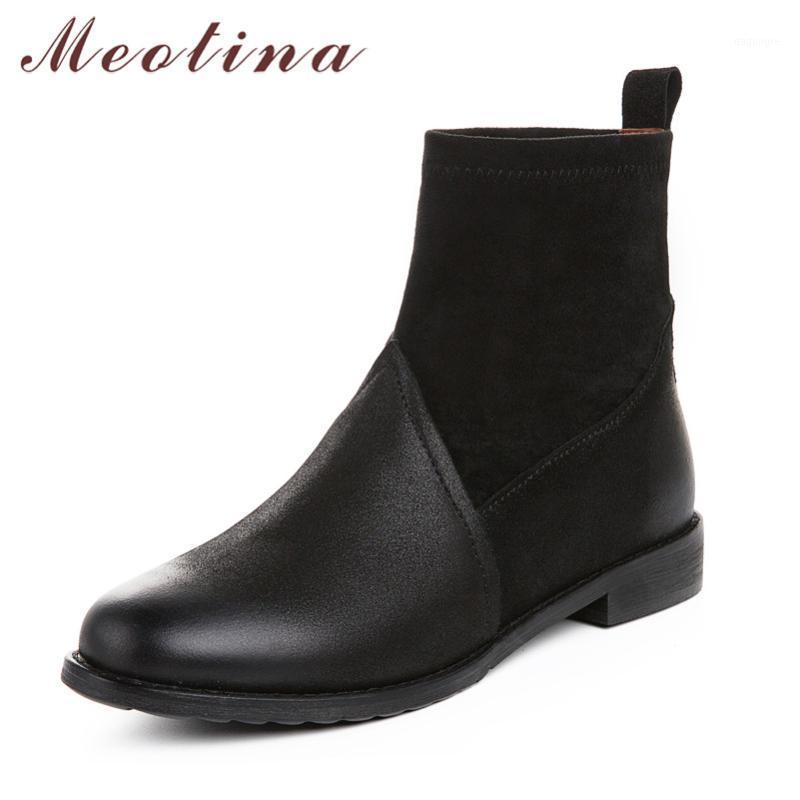 

Meotina Genuine Leather Low Heel Short Boots Women Ankle Boots Shoes Thick Heels Slip-On Ladies Autumn Black Big Size 431
