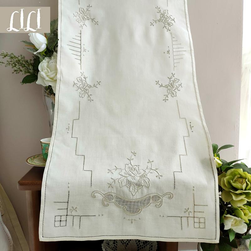 

Hand-embroidered Drawnwork beige Cotton Tablecloth