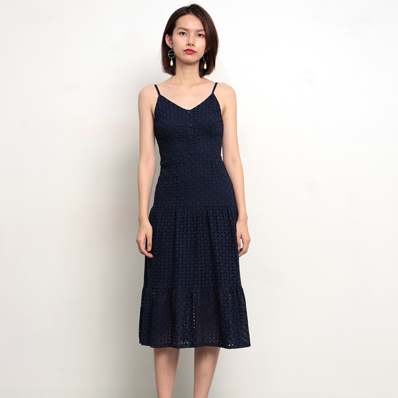 

2021 New Summer Feminine Sexy Hollow Pearls Needlework Maxi Cotton Party Long Solid Fashion Suspenders Dress Zy49 Vj6t, Navy