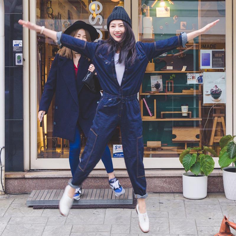 

Autumn Women' Long sleeve denim jumpsuits Overalls turn down collar Loose jeans Romper Female Blue retro Casual Denim Pants