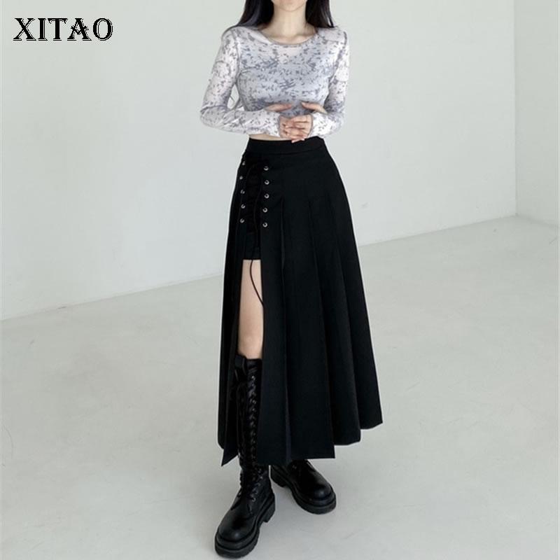 

XITAO Irregular Lace Up Solid Skirt Women 2020 Autumn Casual Fashion New Style Temperament All match High Waist Skirt DZL1516, Black dzl1516