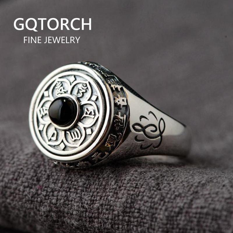 

925 Sterling Silver Lotus Rings For Women And Men Rotatable Natural Stone Inlaid Six Words' Mantra Rings Buddhist Jewelry, Golden;silver