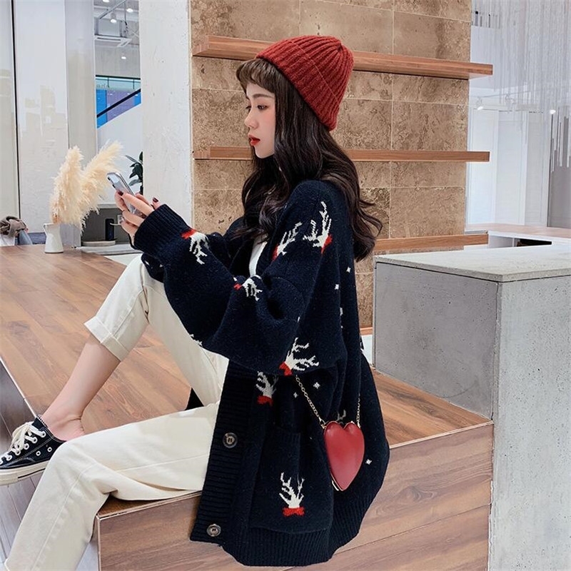 

Cartoon Long Cardigan Christmas Sweater Single Breasted Sweater Tops Spring Autumn Casual V-neck Cardigans Women Clothing 201204, Wh