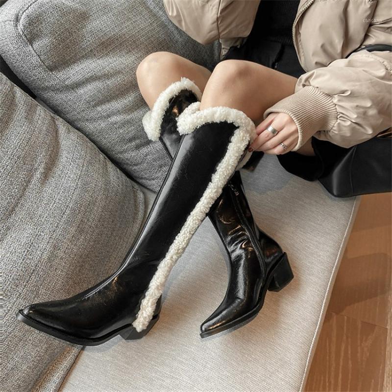 

PXELENA Luxury Lambswool Women Western Cowboy Knee High Boots Genuine Leather Chunky Med Heels Shoes 2021 Winter Warm Lady Soft1, Black