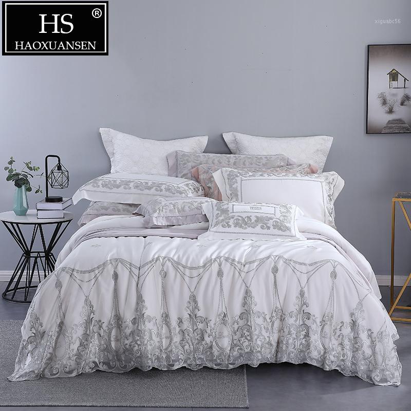 

800 Thread Count White Lace Design 4 Piece Bedding Sets  King Size Wedding Princess 100% Tencel Lyocell Duvet Cover Set1