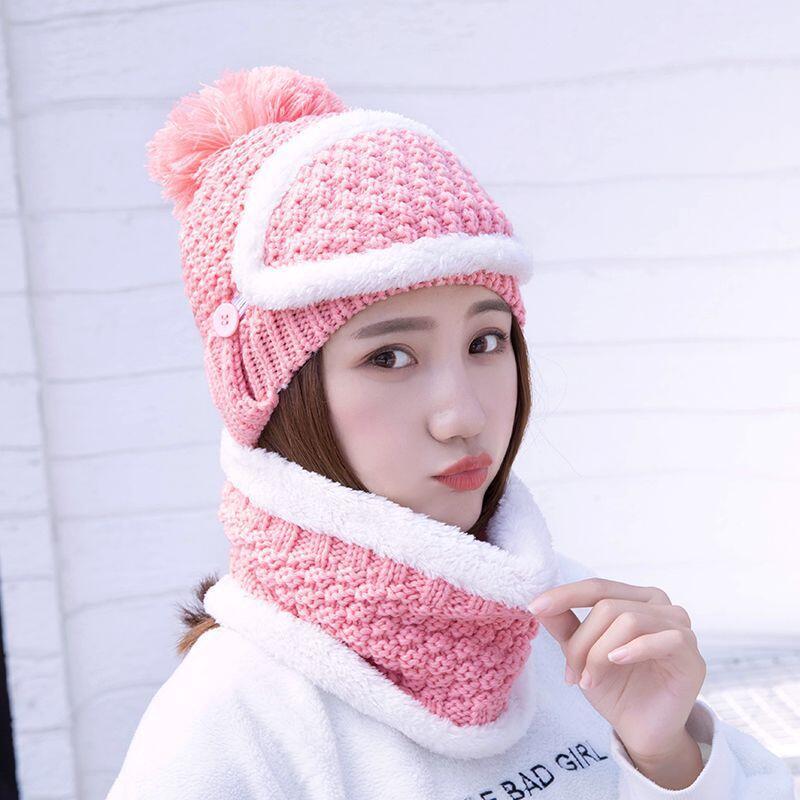 

2020 Winter Beanie outdoors Women Fashion Solid Fur Wool Lining Thick Warm Knit cashmere Hat Cap Scarf Sets Skullies Bonnet, Red wine