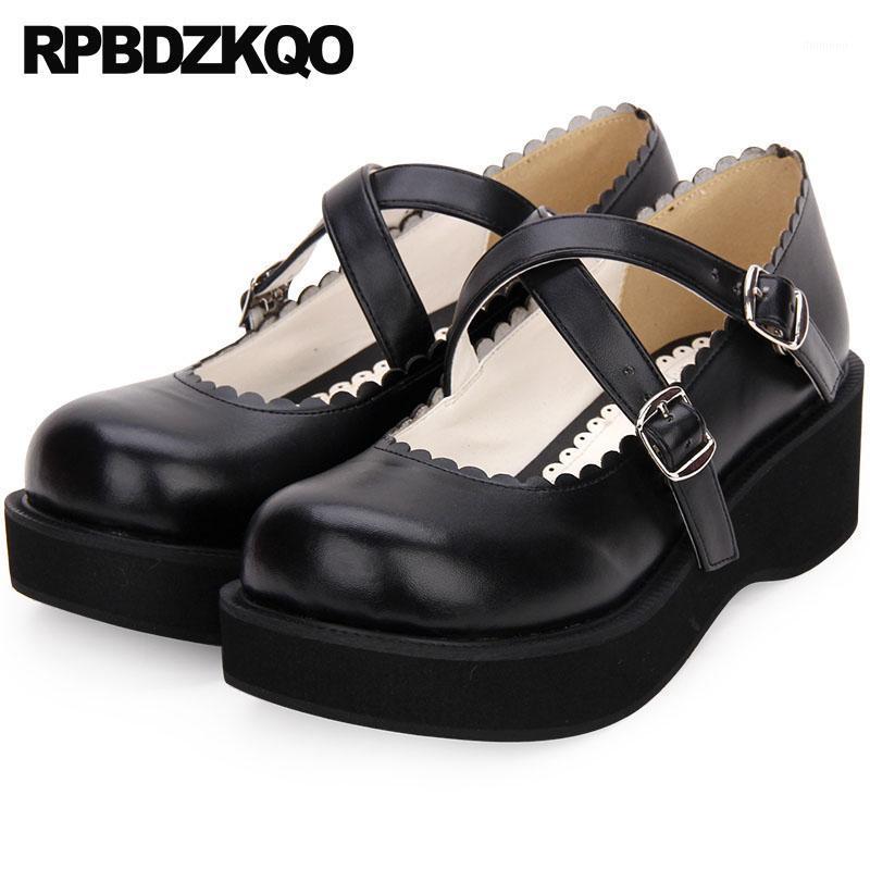 

ladies round toe wedge size 4 34 platform lolita shoes creepers kawaii japanese discount 2020 new medium heels cross strap black1, Black
