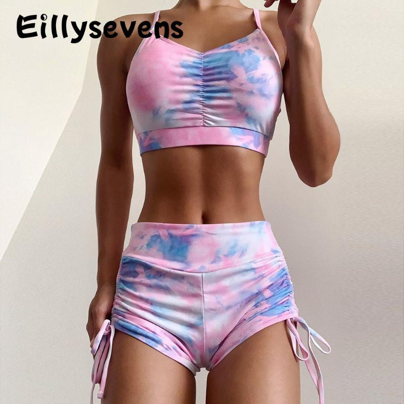 

Women swimsuit Tie-dye Camis Shorts Bikini Set Push-Up Pad Swimwear Swimsuit Beachwear Split conservative sling + shorts, Pink