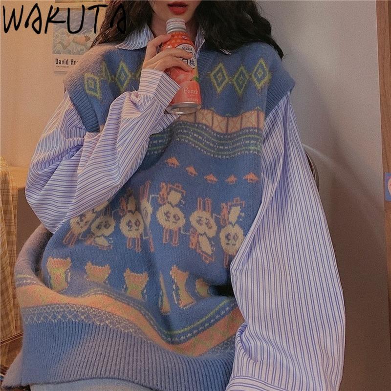 

WAKUTA Women 2021 Fashion Oversized Knitted Vest Sweater Vintage Elegant Sleeveless Female Waistcoat Chic Cartoon Tops V Neck, Blue