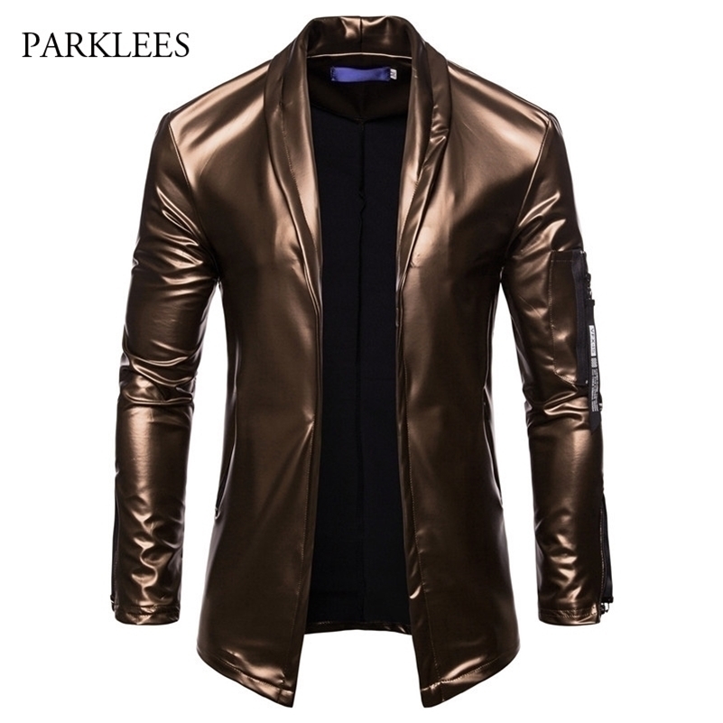 

PU Leather Suit Blazer Men Luxury Gold Solid Color Blazers Jacket Mens Casual Slim Fit Cardigan Nightclub DJ Stage Costumes 201104, Black