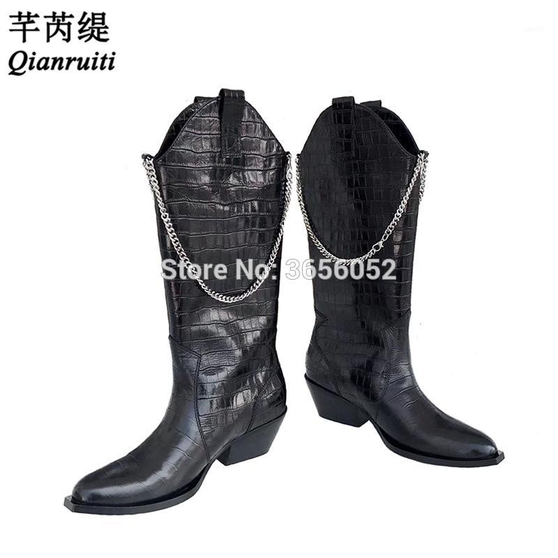 

Qianruiti Black Brown Alligator Embossed Leather Western Cowboy Botas Slip On Women Shoes Cuban Block Heels Mid Calf Chain Boots1, As pic