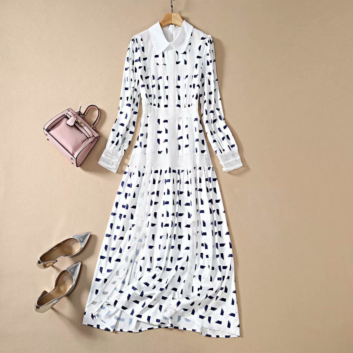 

New Fashion Female Maxi Dress Printed Hollow Mesh Out Sexy Split Peter Collar Long Sleeves Holiday Dresses Wtjc, White