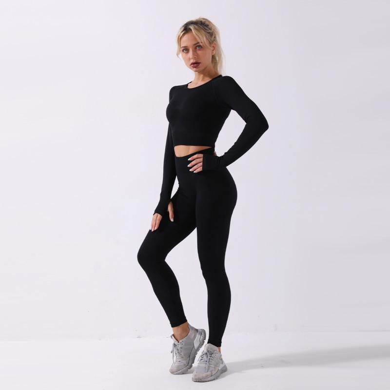 

Seamless Suit 2 Piece Women Sportwear Yoga Set Sport Leggings Long Sleeve Crop Top Elastic Gym Running Fitness Workout Clothes, Black