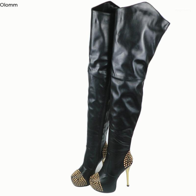

Olomm Women Thigh High Boots Stiletto Heels Boots Sexy Stud Pointed Toe Gorgeous Black Night Club Shoes Women Plus US Size 5-151, D2709 black
