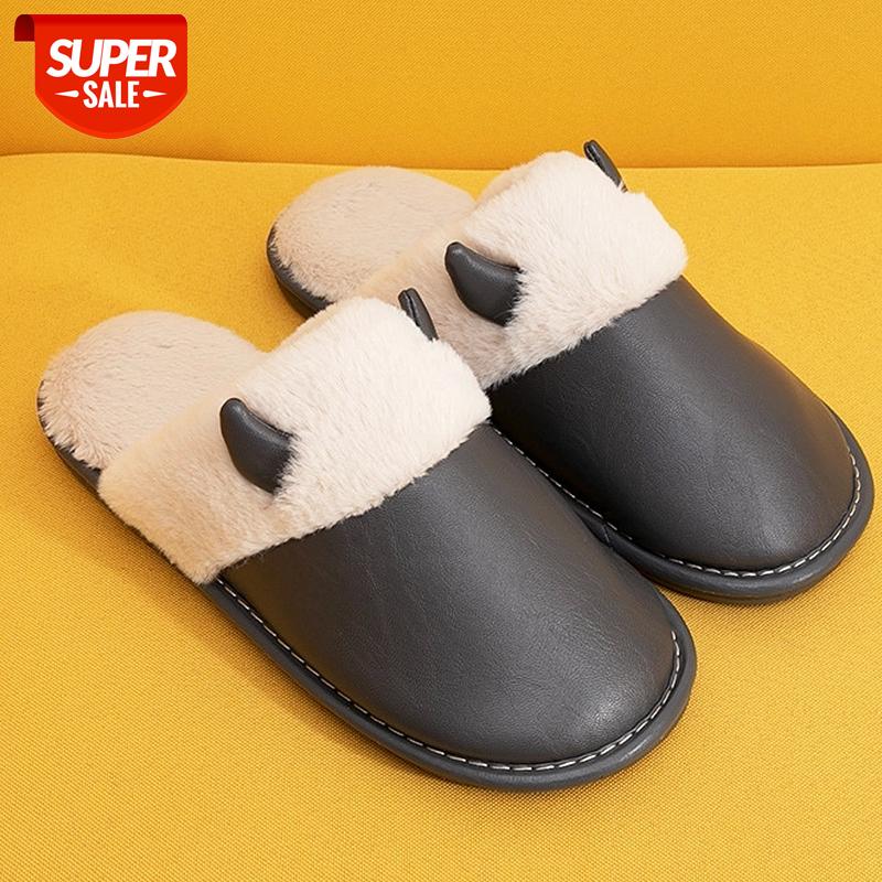

Fur Slippers Women Devil Waterproof PU Leather Slippers Winter Comfy Bedroom Furry Home Cute Shoes for Women #dD1e, Deep green
