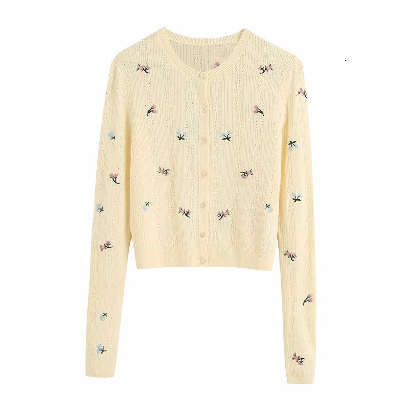 

2021 New Sweater Women Vintage Floral Embroidery O-neck Cropped Knitted Cardigan Chic Cutout Long Sleeve Button-up Outwear Qf06, Beige