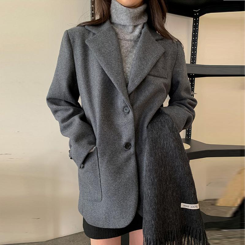 

EWQ] 2020 Autumn Winter Female Turn-down Collar Long-sleeved Minimalist Solid Color Woolen Suit Coat Loose Black Jacket 8D957