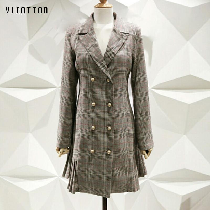 

Autumn Vintage Plaid Long Blazers And Jacket Coat Women Button Elegant Office Ruffles Pleated Blazer Dress Female Outwear, Photo color