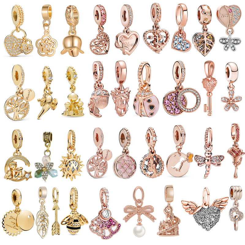 

2021 New Golden Color Rose Gold Color Flower Pendant Beads Fit Original Pandora Charms Silver Color Bracelets Women Girl Jewelry