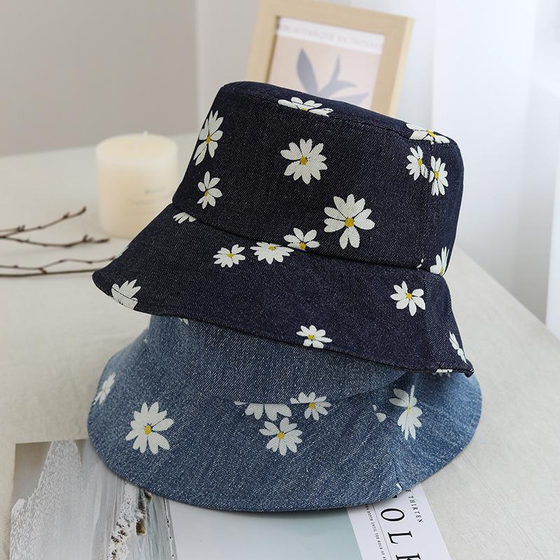 

Japanese Chic Casual Printed Daisy Cowboy Fisherman Hat Female Summer Tide Outdoor Sunshade Sun Protection Bucket Hat
