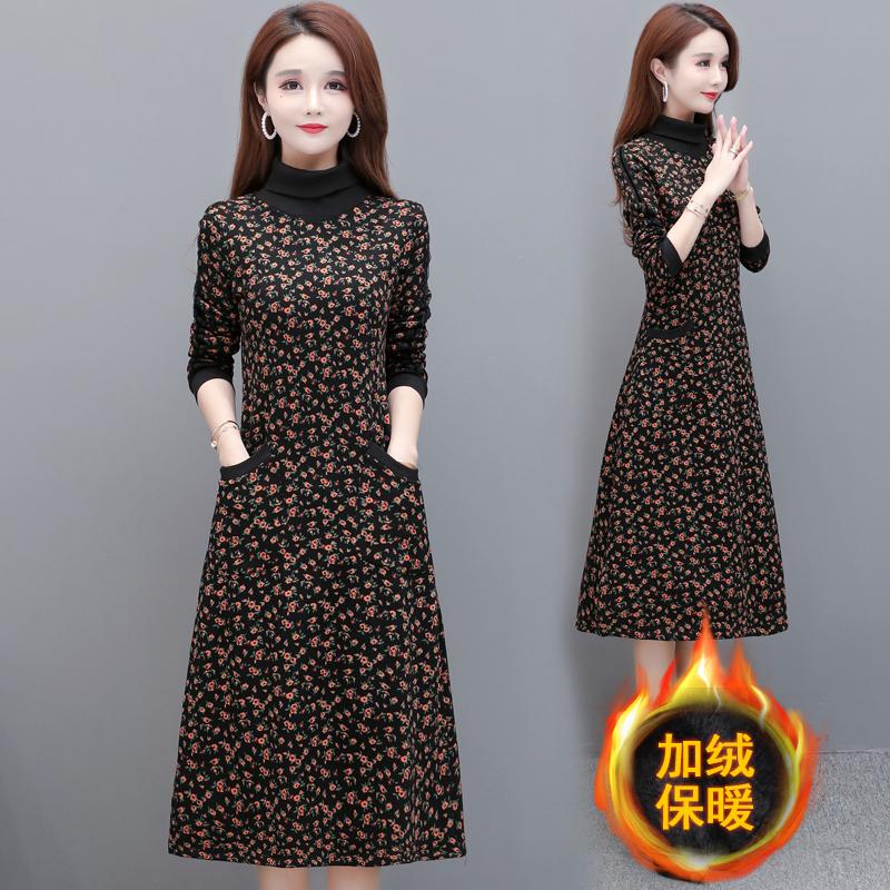 

Floral Print Mesh Bodycon Dress Women Casual Long Sleeve Vintage Elegant Office thick fur inside Dress Female Winter, Yellow floral