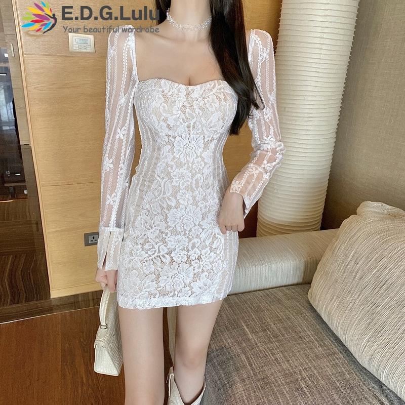 

EDGLuLu 2020 Winter Fashion Women Embroidery See Through Long Sleeve Dress Elegant Square Neck Mini White Lace Dress 1022