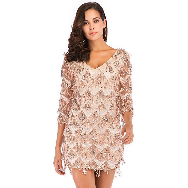 

Autumn Three Quarte Sleeve Tassels Sequins Dress Sexy Bodycon Sheath Deep V Neck Women Party Mini Dresses Nightclub Hot, Apricot