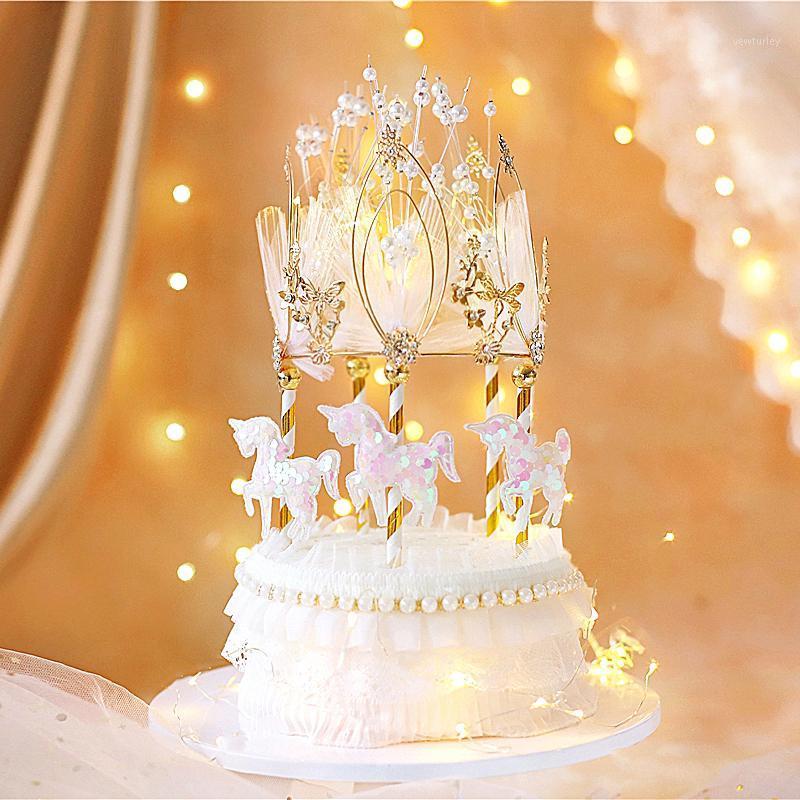 

Gold Crown Carousel Happy Birthday Cake Topper Round Baking Decorating party supplies Lovely gift1
