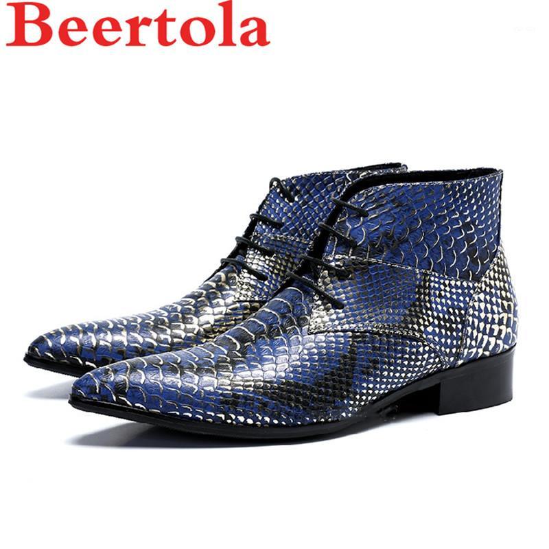 

Men's Ankle Boots Genuine Leather Pointed Toe Lace Up Snakeskin Pattern Red Blue High Quality Shoes Men Autumn Chaussures Homme1, As pics
