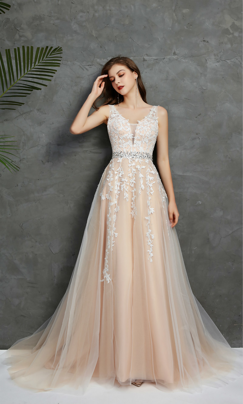 Elegant V Neck Sleeveless Prom Dresses A Line Appliques White Lace Beaded Belt Sexy Formal Long Evening Party Dress Cocktail-image-688738970