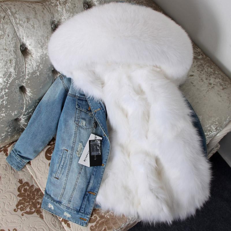 

2020 Denim Parka Winter Jacket Women Real Fur Coat Natural Raccoon Fur Collar Real Thick Warm Liner Outerwear New, Fur liner
