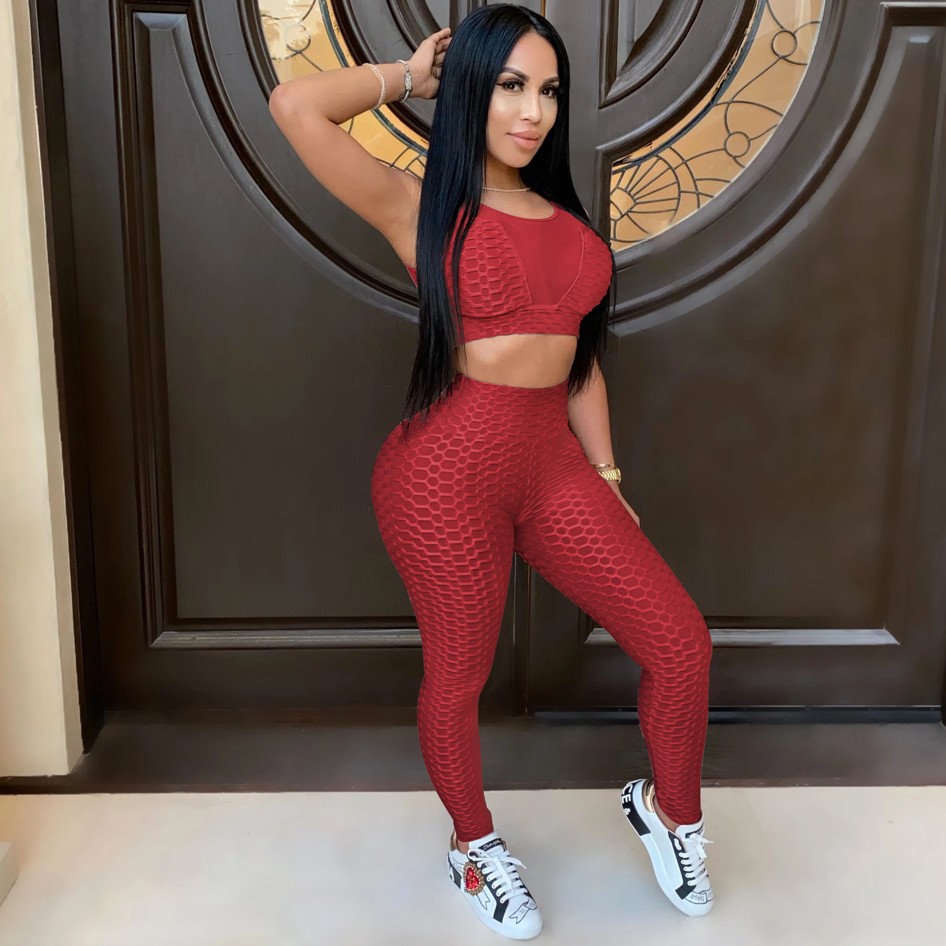 

Hollow Out Women Tracksuits Active Sleeveless Yoga Suits Women Running Outfits Two Piece Pants 7 Colors Trendy Sweatsuits Wholesale, Red