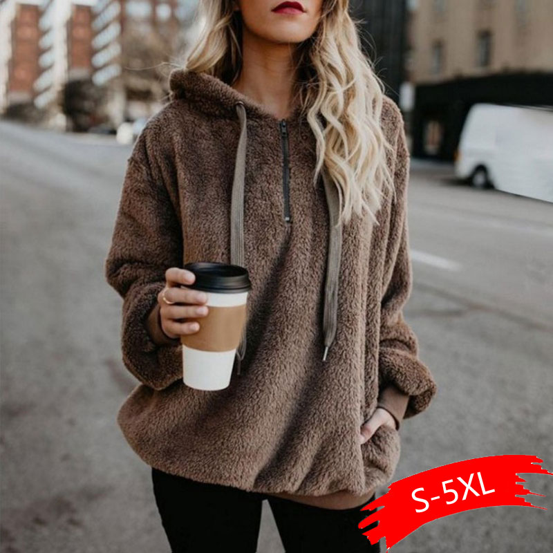 

Februaryfrost Women Fleece Hoodies 2020 Long Sleeve Hooded Pullover Sweatshirt Autumn Winter Warm Zipper Pocket Fur Coat Plus Size 5XL, Brown