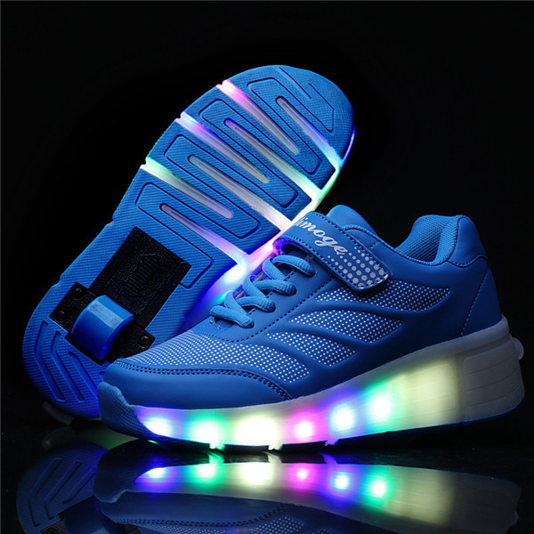 

Led Cheap Glowing Sneakers with wheels Light up Roller Skates Sport Luminous Lighted Shoes for Kids Boys Black Pink, Two wheels