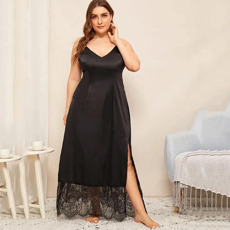 

Pajamas Sleepwear Lace Stitching Long Section, Black;red