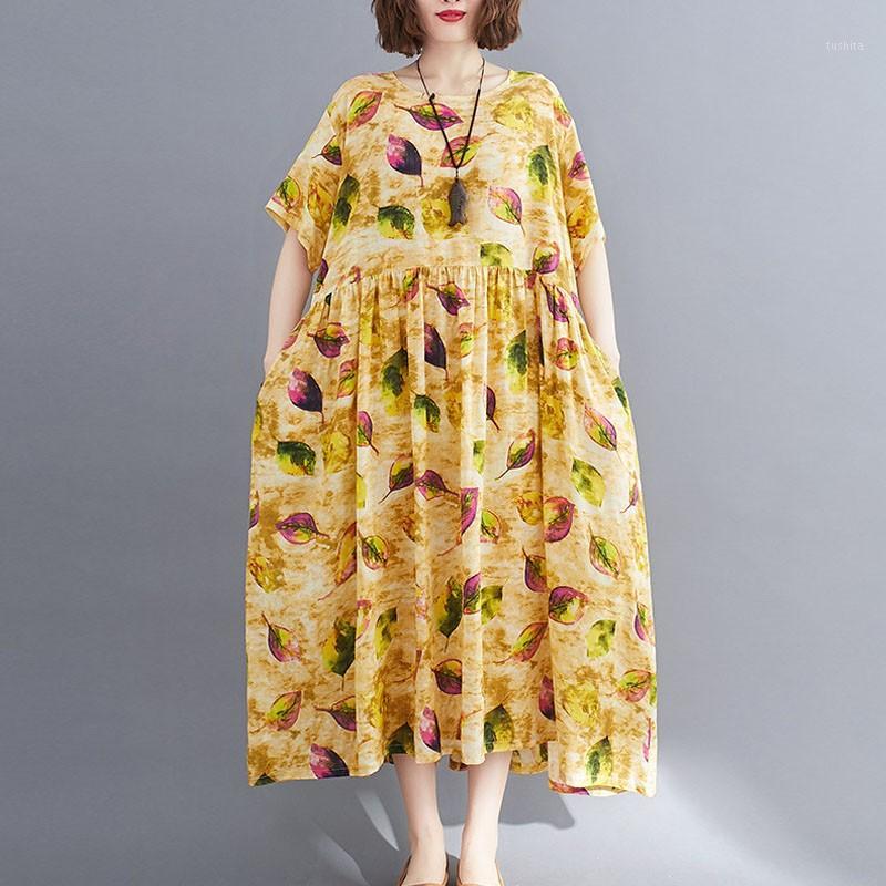 

Johnature 2020 Summer New Comfortable Plus Size Retro Fashion Print O-neck Pockets Short Sleeve Dress Loose Leisure Women Dress1, Yellow