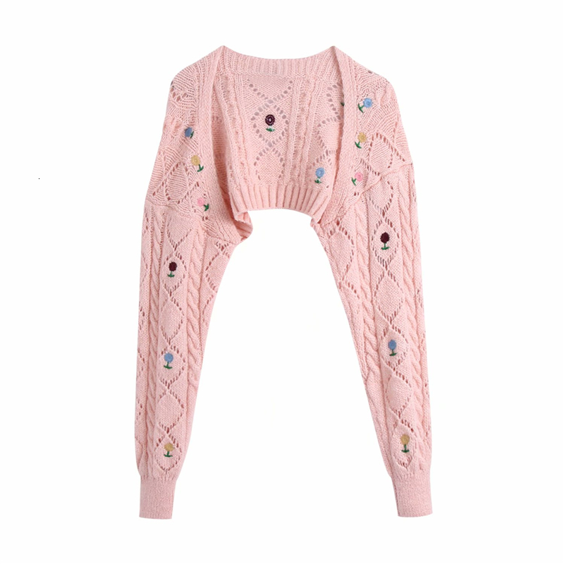 

2021 New Elegant Women Floral Embroidery Sweaters Fashion Ladies Hollow Out Knitted Tops Streetwear Female Chic Pink Cardigans Sz8s