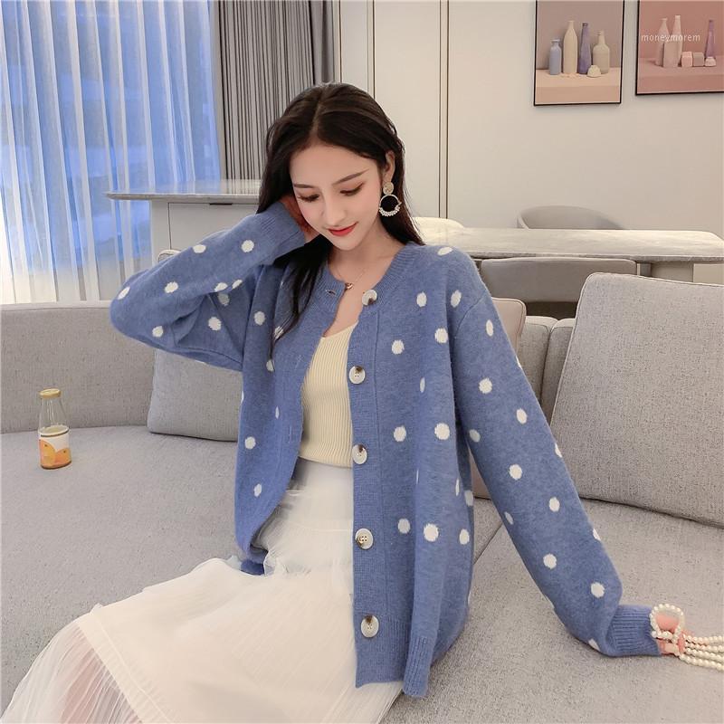 

Ailegogo New Spring Casual Women Cardigans Polka Dot Single Breasted O-neck Knitted Sweater Outwear Ladies Tops1, Blue