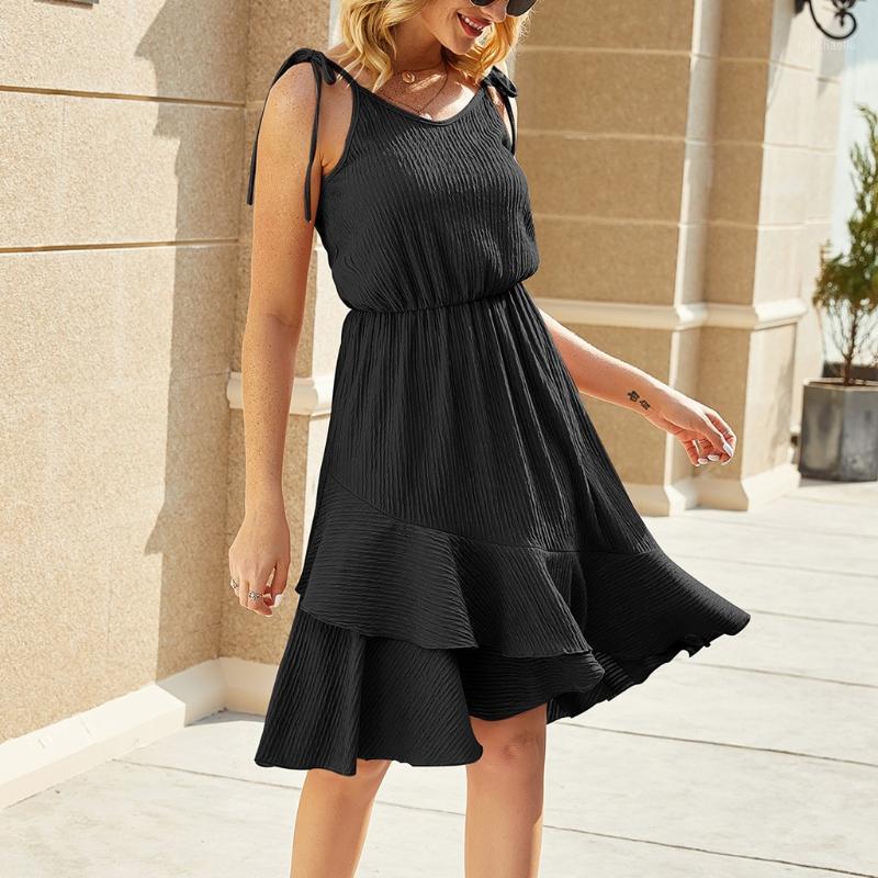 

2020 Women dresses Women Fashion Sexy Camisole Solid Color Irregular Sling Sleeveless Summer Ruffled beach dress1