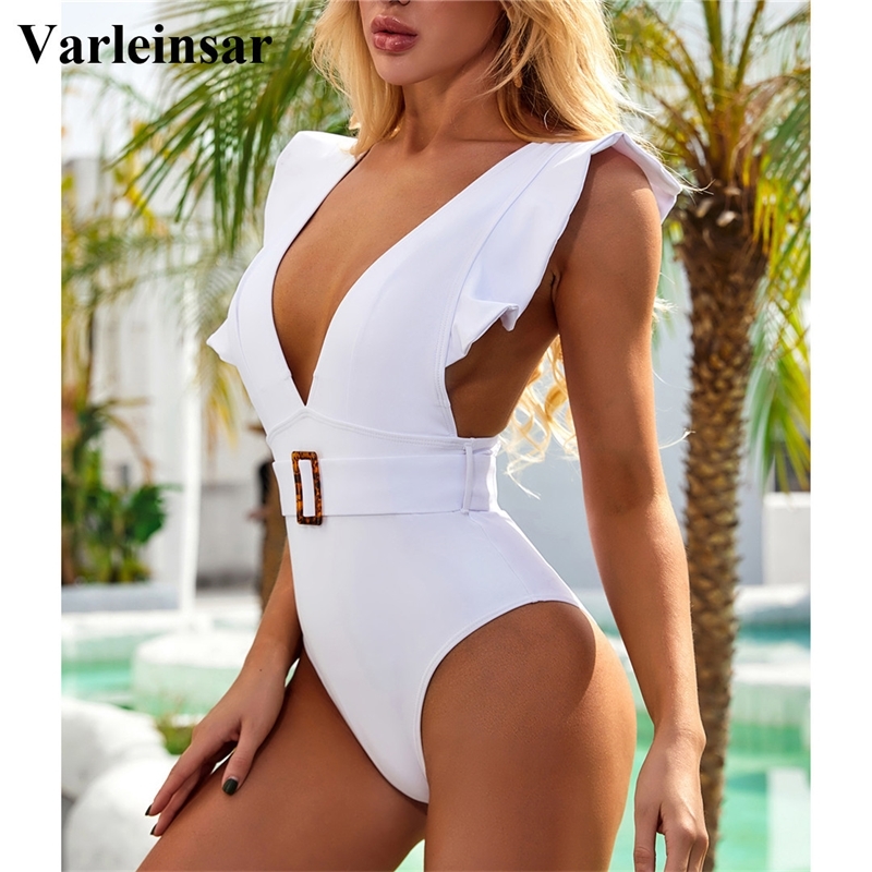 

New Sexy Ruffled White Deep V One Piece Swimsuit Women Swimwear Female With Belt Monokini Bather Bathing Suit Swim Lady V2198 Y200824