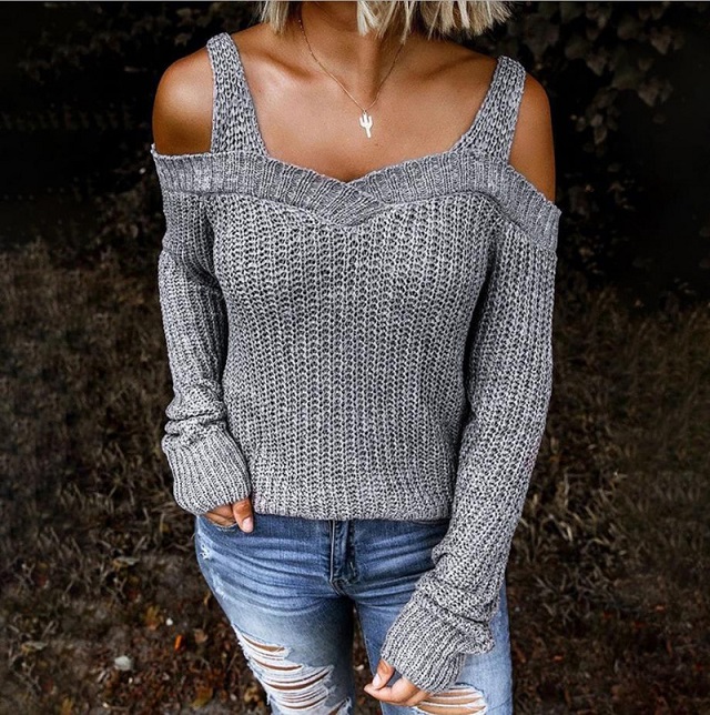 

Women Casual Sweaters 2020 Autumn New Sexy Sling Strapless Sweater Solid Color Casual Long-sleeved Sweater Womens 2020 New Wholesale, Khaki