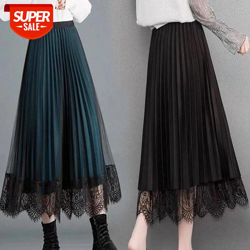 

Pleated skirt women's new high waist lace skirt half bottom medium length slim fit wear on both sides #RI7e, White;black