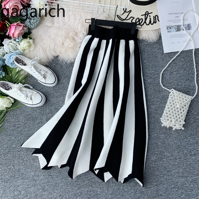 

Gagarich Women Skirt Fashion Casual Striped Irregular Knitted A-line Female Elegant Midi High Waist Skirts Y200326, Black