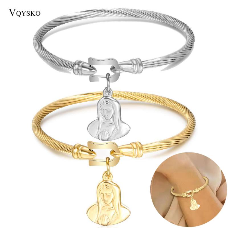 

Bangle Gold-color Saint Benedict Charm Pendant Bracelets & For Women Stainless Steel Wire Cuff Pulseira Religious Jewelry