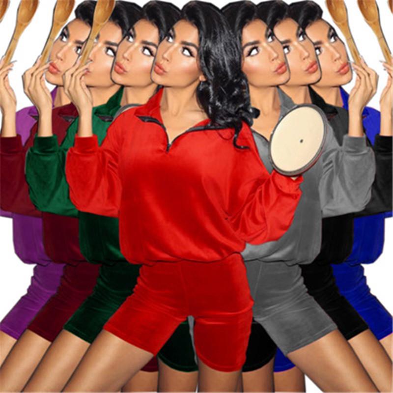 

Women Velvet Sets Fashion Trend Long Sleeve Zipper Tops Shorts Suits Designer Female Autumn New Loose Lapel Tees Slim Casual Pant Tracksuits, Green
