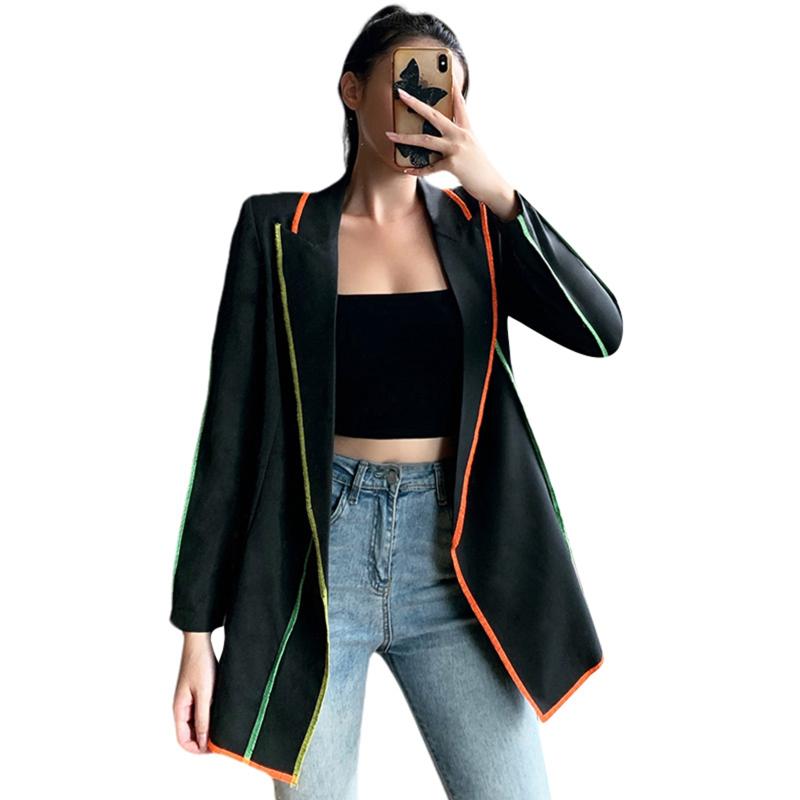 

Tight Women Formal Suit Jacket, Solid Color Long Sleeve Lapel Collar Strip Edge Jacket for Autumn, Black